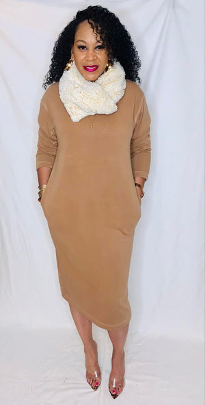 Fleece Sweatshirt Dress-Camel