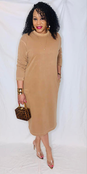 Fleece Sweatshirt Dress-Camel