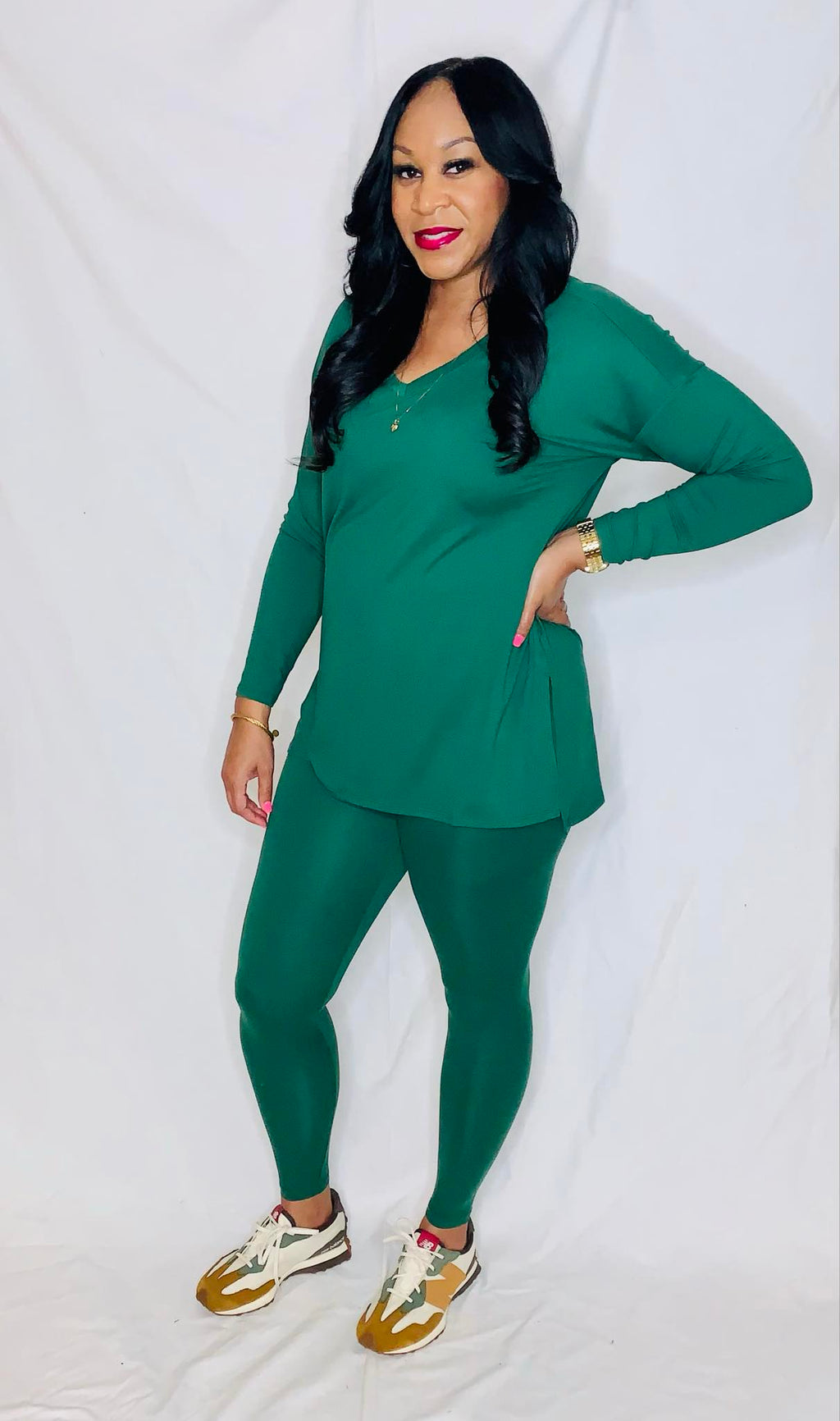 V-Neck Long Sleeve Tee and Legging- Green