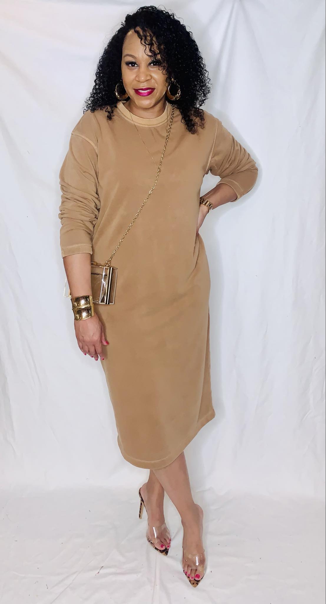 Fleece Sweatshirt Dress-Camel