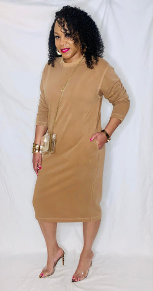 Fleece Sweatshirt Dress-Camel