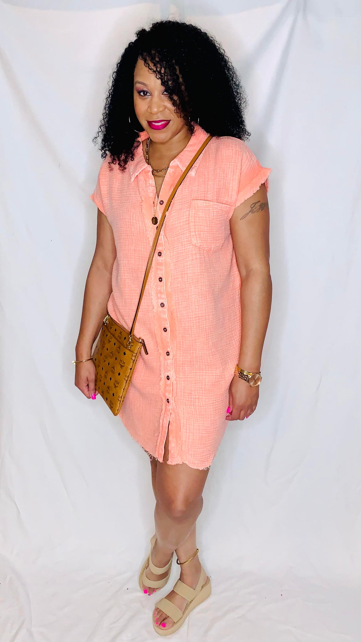 Button Down Shirt Dress-Coral