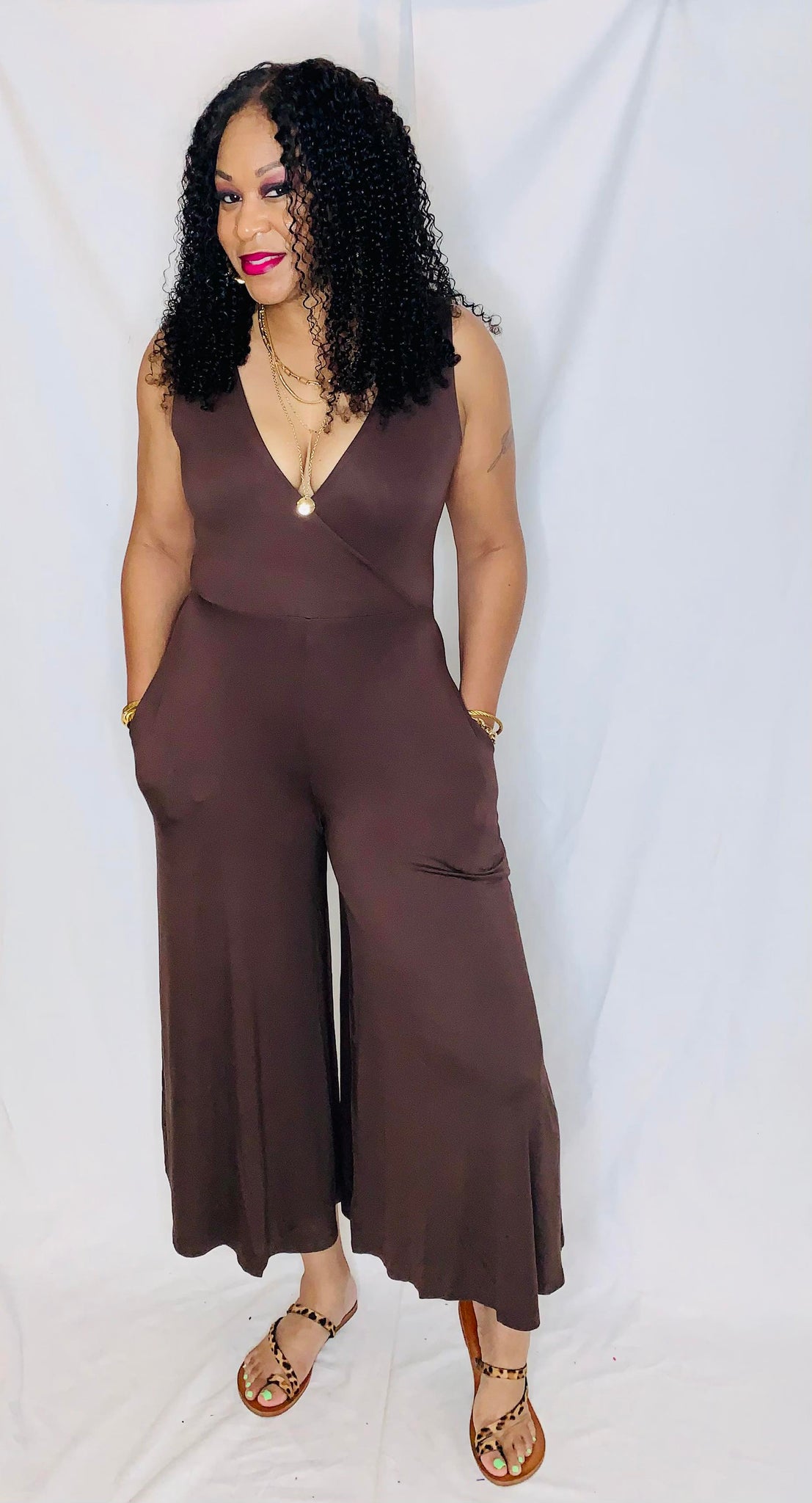 Sleeveless V-Neck Jumpsuit-Brown