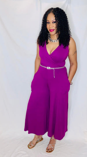 Sleeveless V-Neck Jumpsuit-Plum