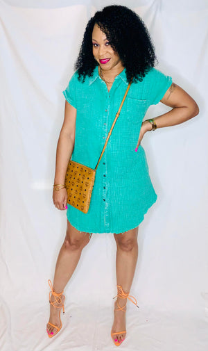 Button Down Shirt Dress-Kelly Green