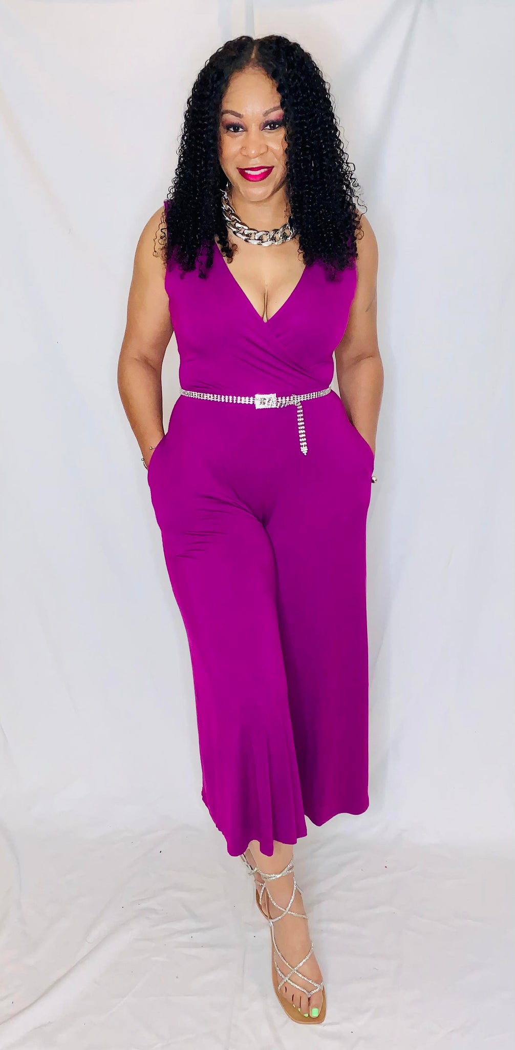 Sleeveless V-Neck Jumpsuit-Plum