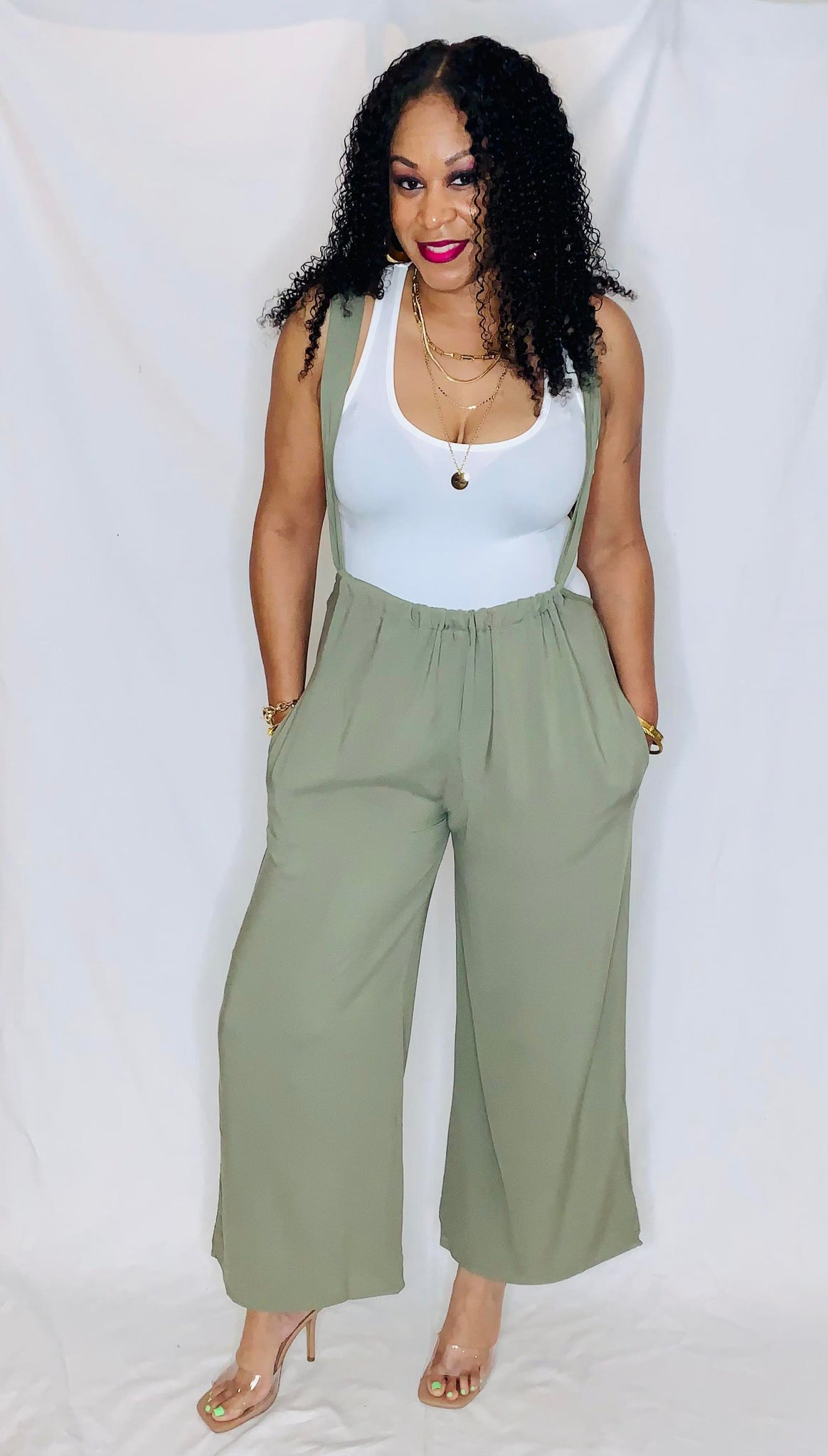 Tie Back Suspender Jumpsuit- Olive