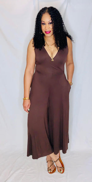 Sleeveless V-Neck Jumpsuit-Brown