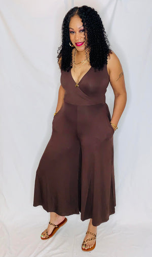 Sleeveless V-Neck Jumpsuit-Brown