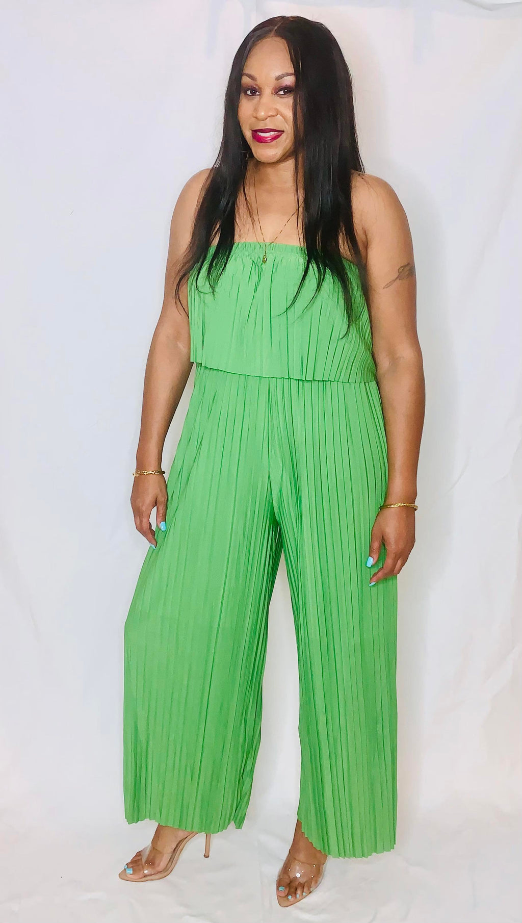 Pleated Off Shoulder Jumpsuit-Green