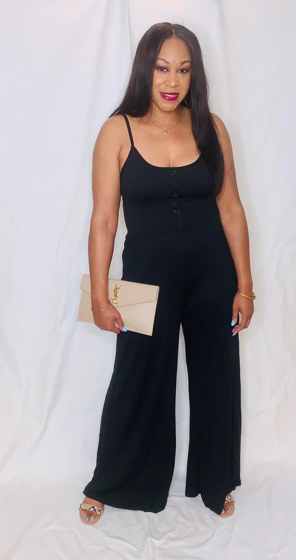 Button Front Wide Leg Jumpsuit- Black