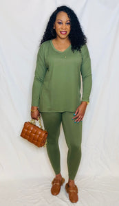 V-Neck Long Sleeve Tee and Legging- Lt Olive