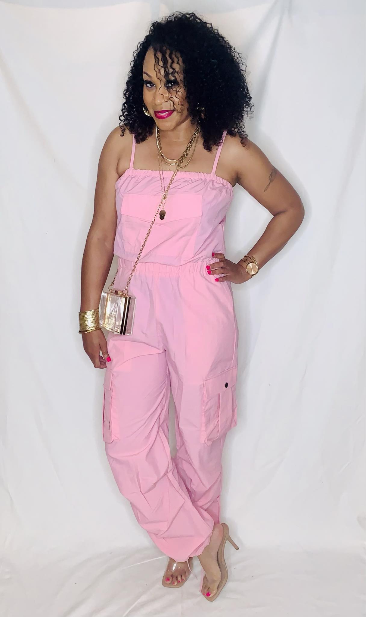 Parachute Cargo Jumpsuit- Pink