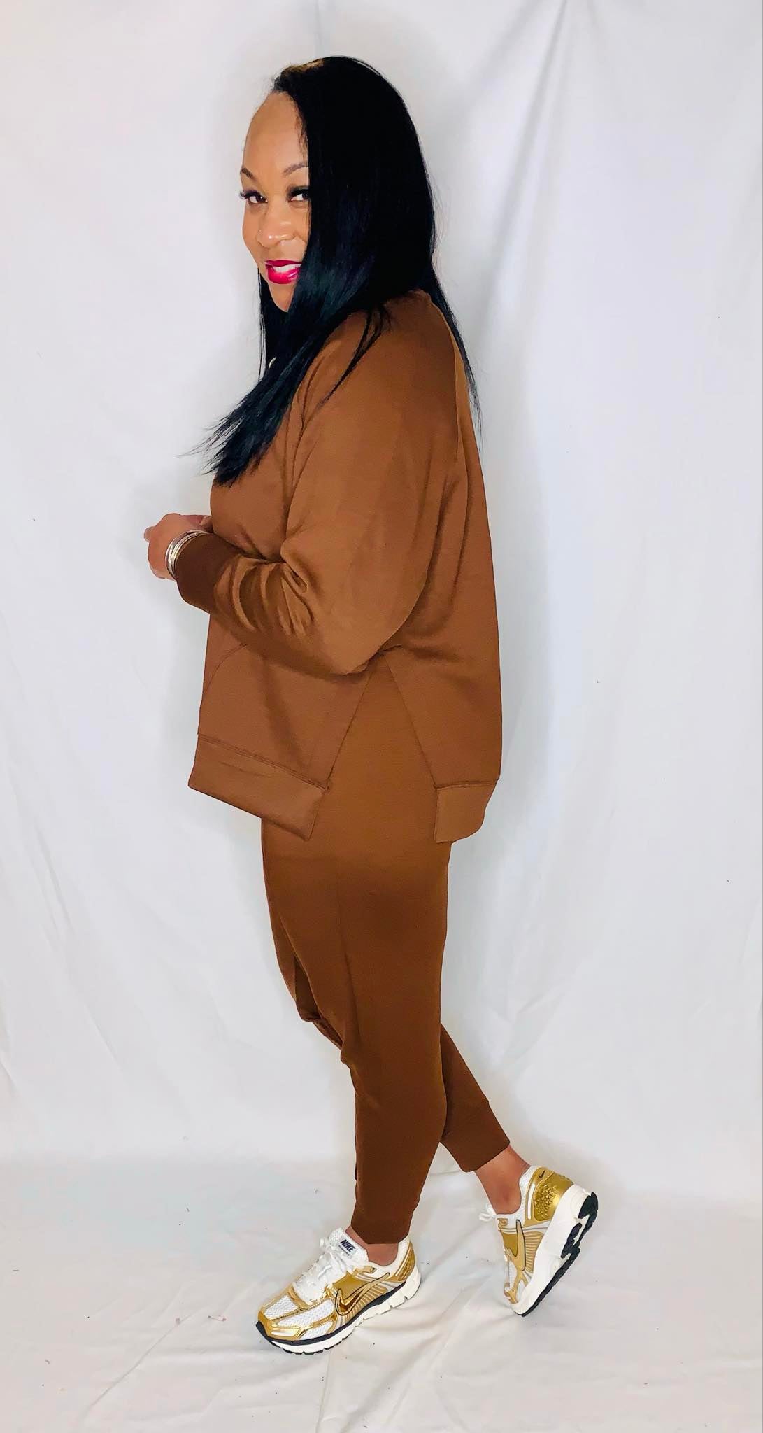 Scuba Pullover Jogger Set-Brown