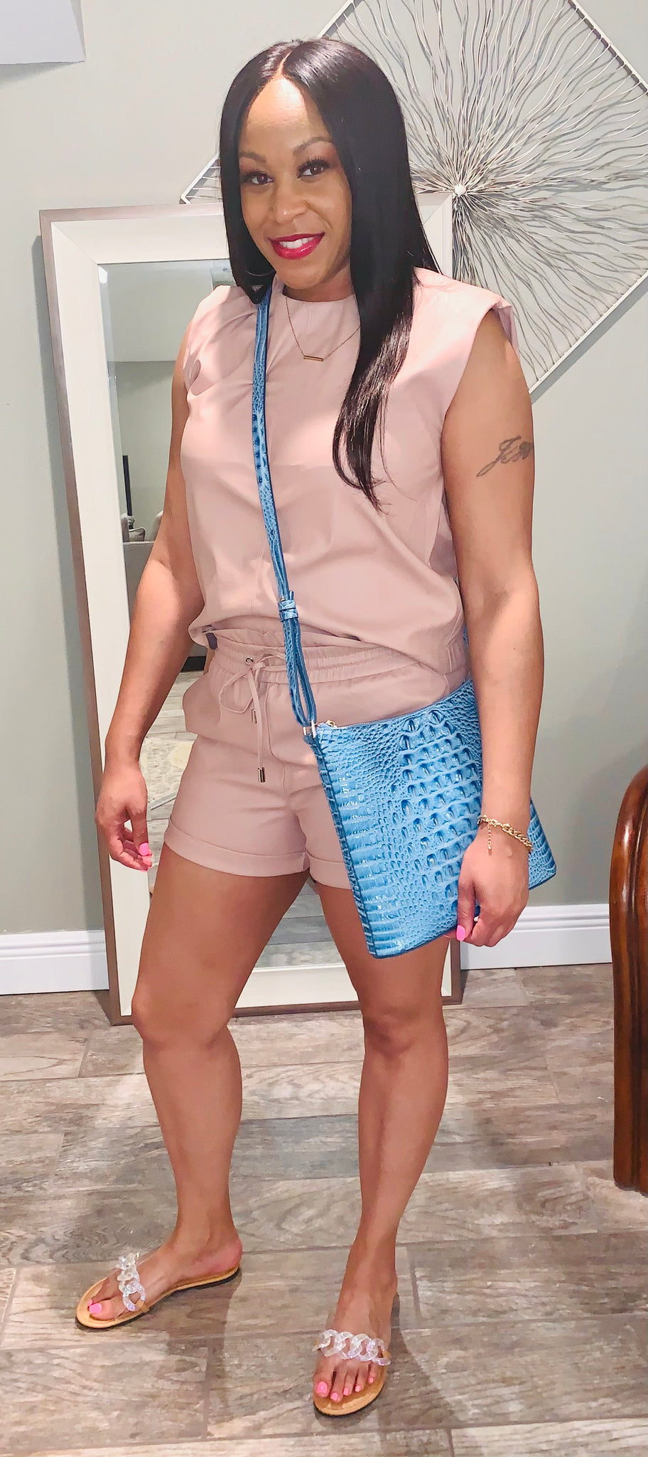 Vegan Leather Padded Shoulder Short Set (She's So Fly) Blush