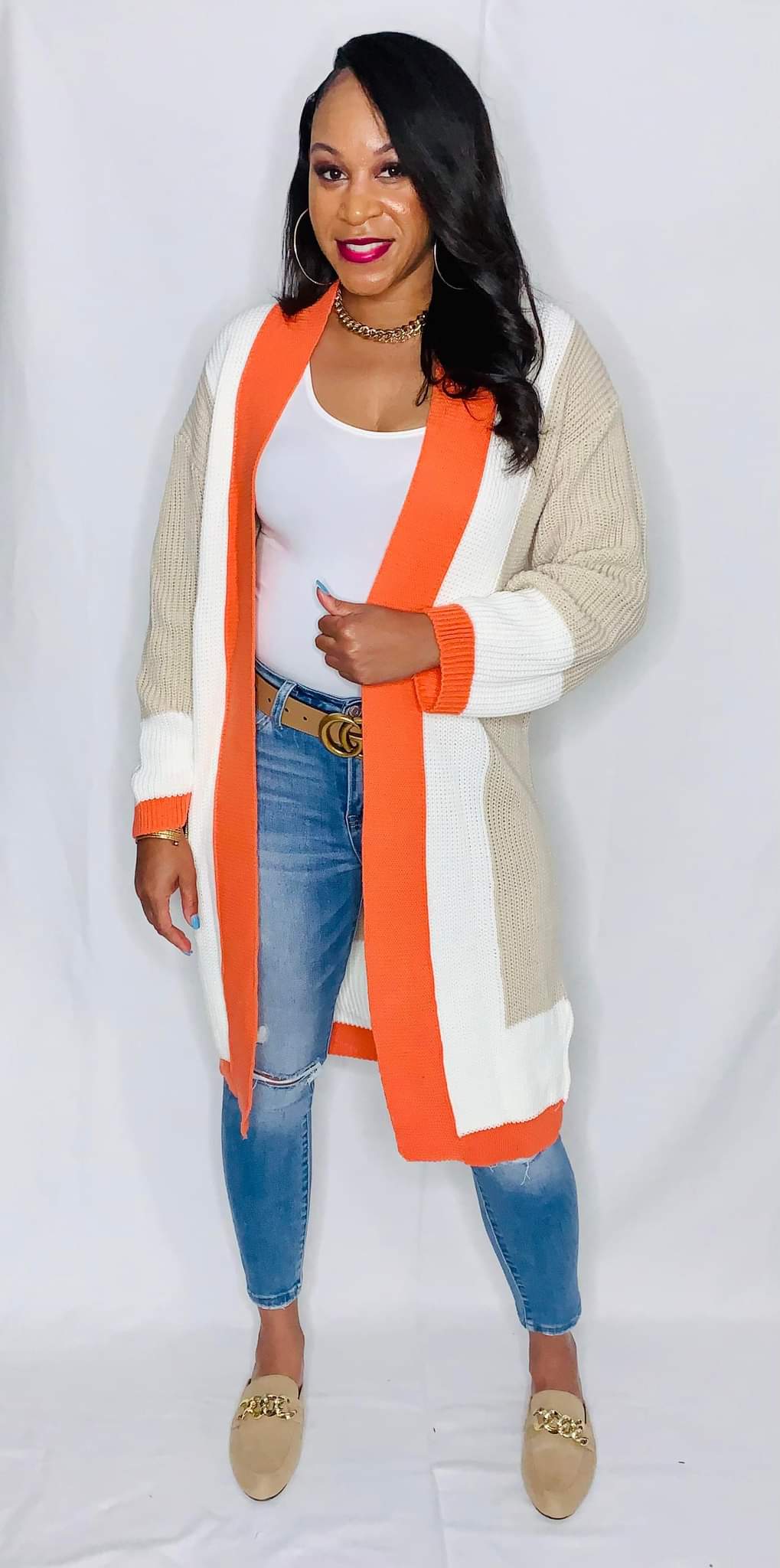 Colorblock Knitted Cardigan-Orange