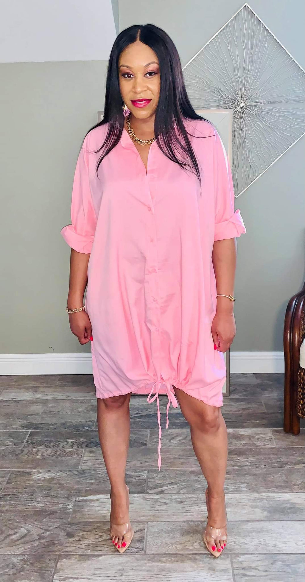 Long Sleeve Drawstring Shirt Dress- Pink