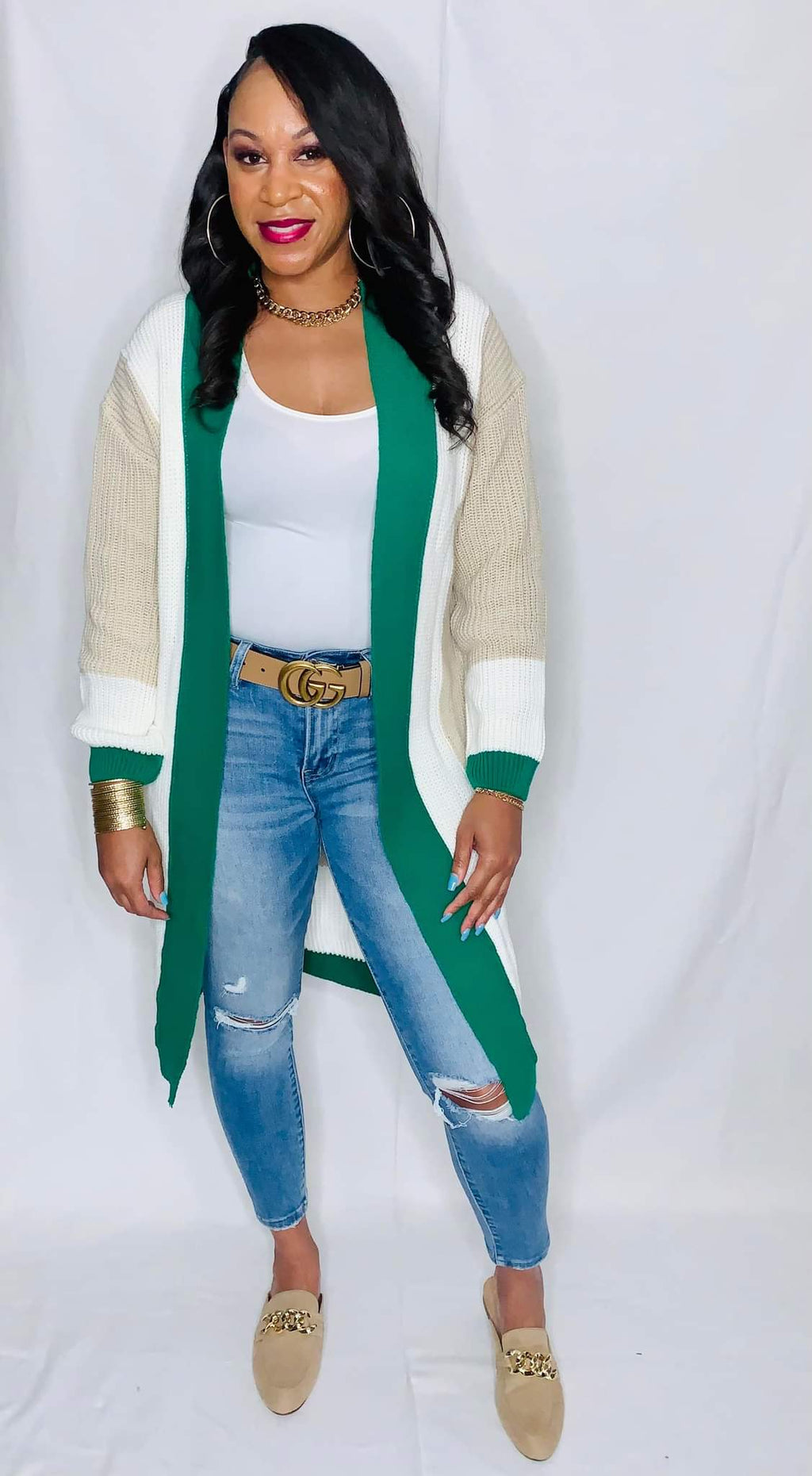 Colorblock Knitted Cardigan-Green