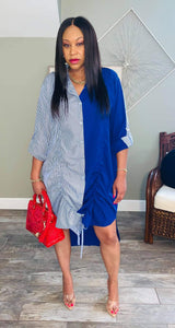 Long Sleeve Drawstring Dress- Blue